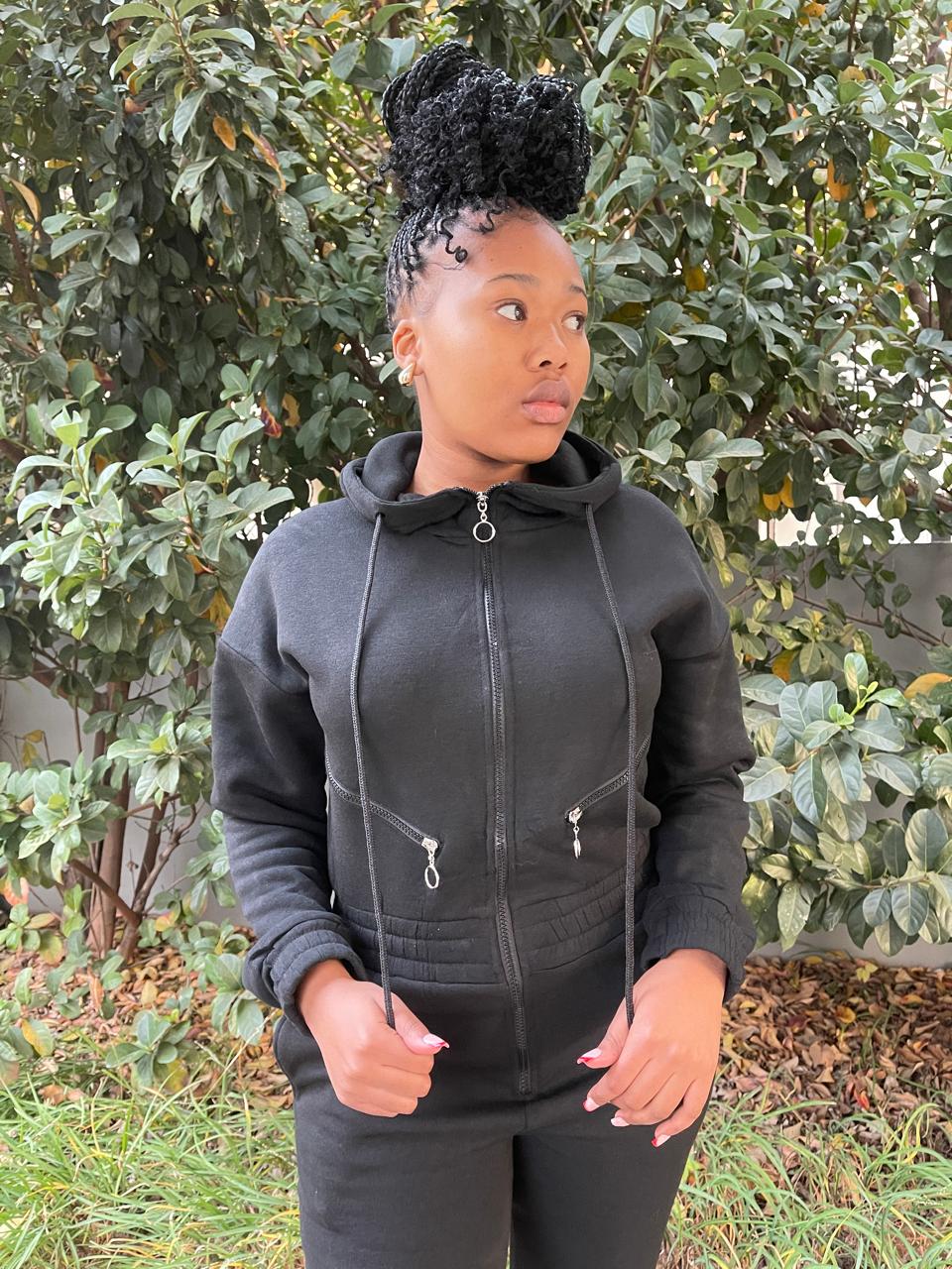 Fashionable black hoodie jumpsuit for women, ideal for everyday wear in gauteng