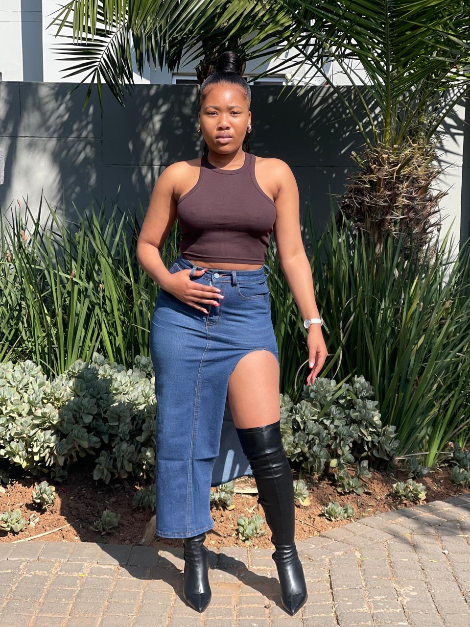 Girls and women's high slit denim skirt ideal for warm weather and casual events
