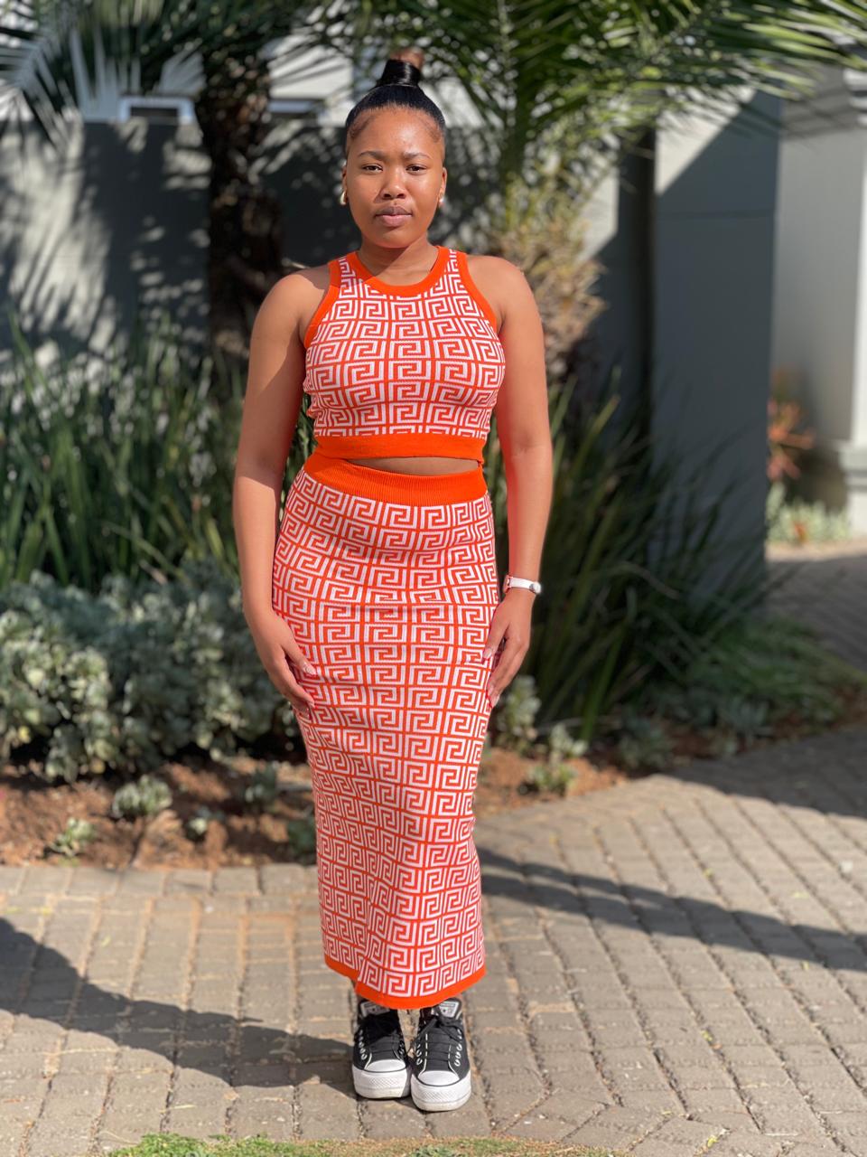 Trendy midi orange skirt set perfect for summer or casual outings