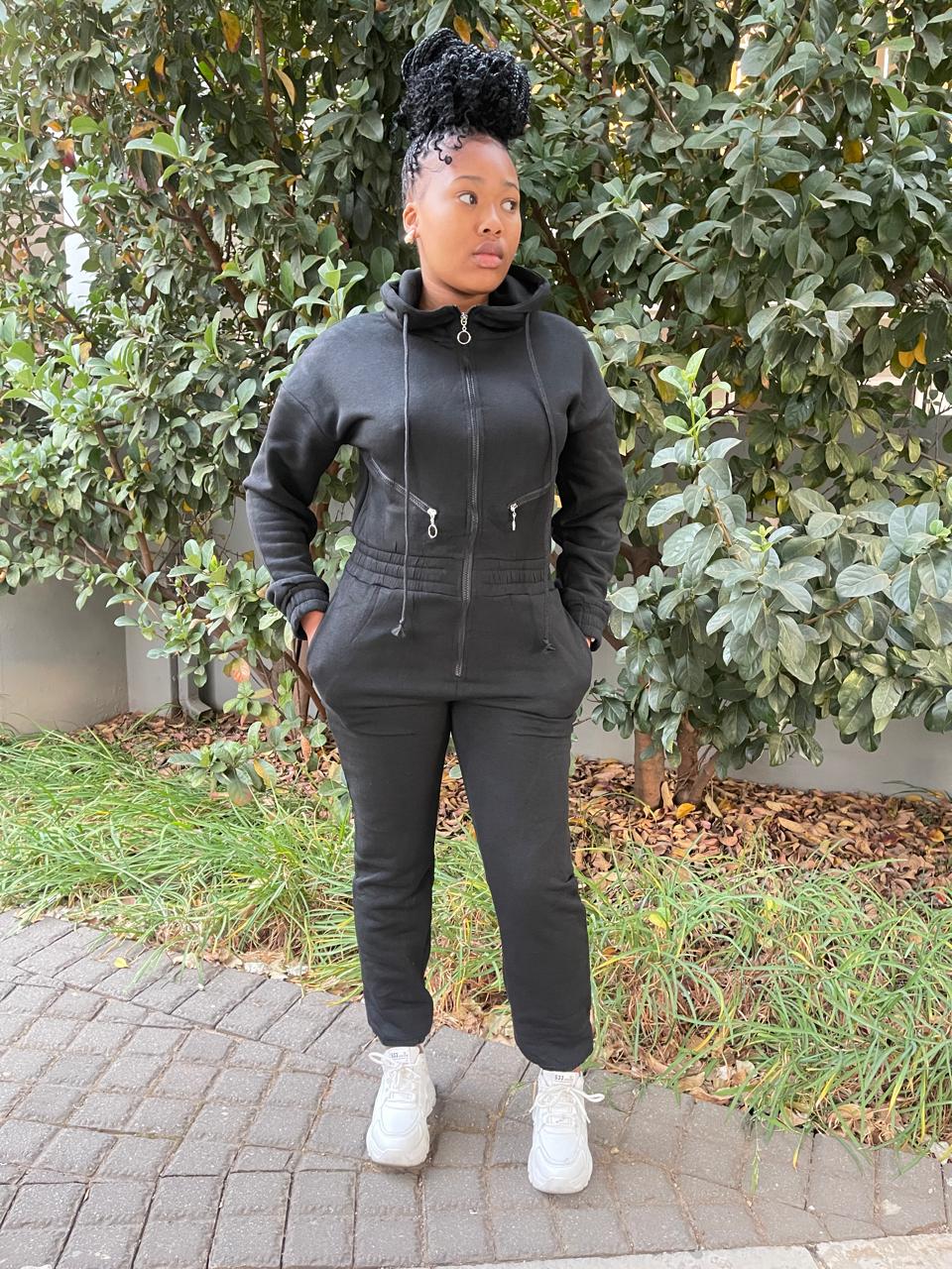 Fashionable black hoodie jumpsuit for women, ideal for everyday wear in gauteng