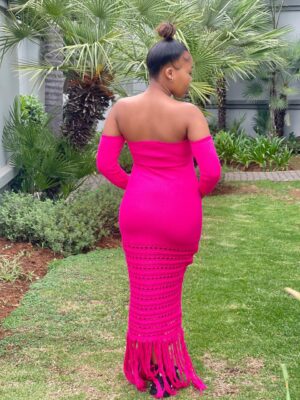 Trendy long pink crochet dress offering a unique, detailed design for women and girls in gauteng