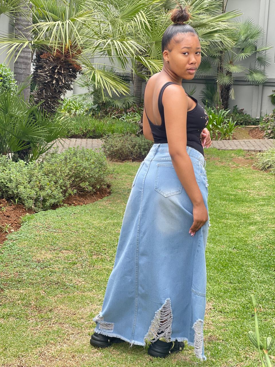 Fashionable light blue wash ripped denim skirt offering a flattering, cool vibe for women and girls in johannesburg