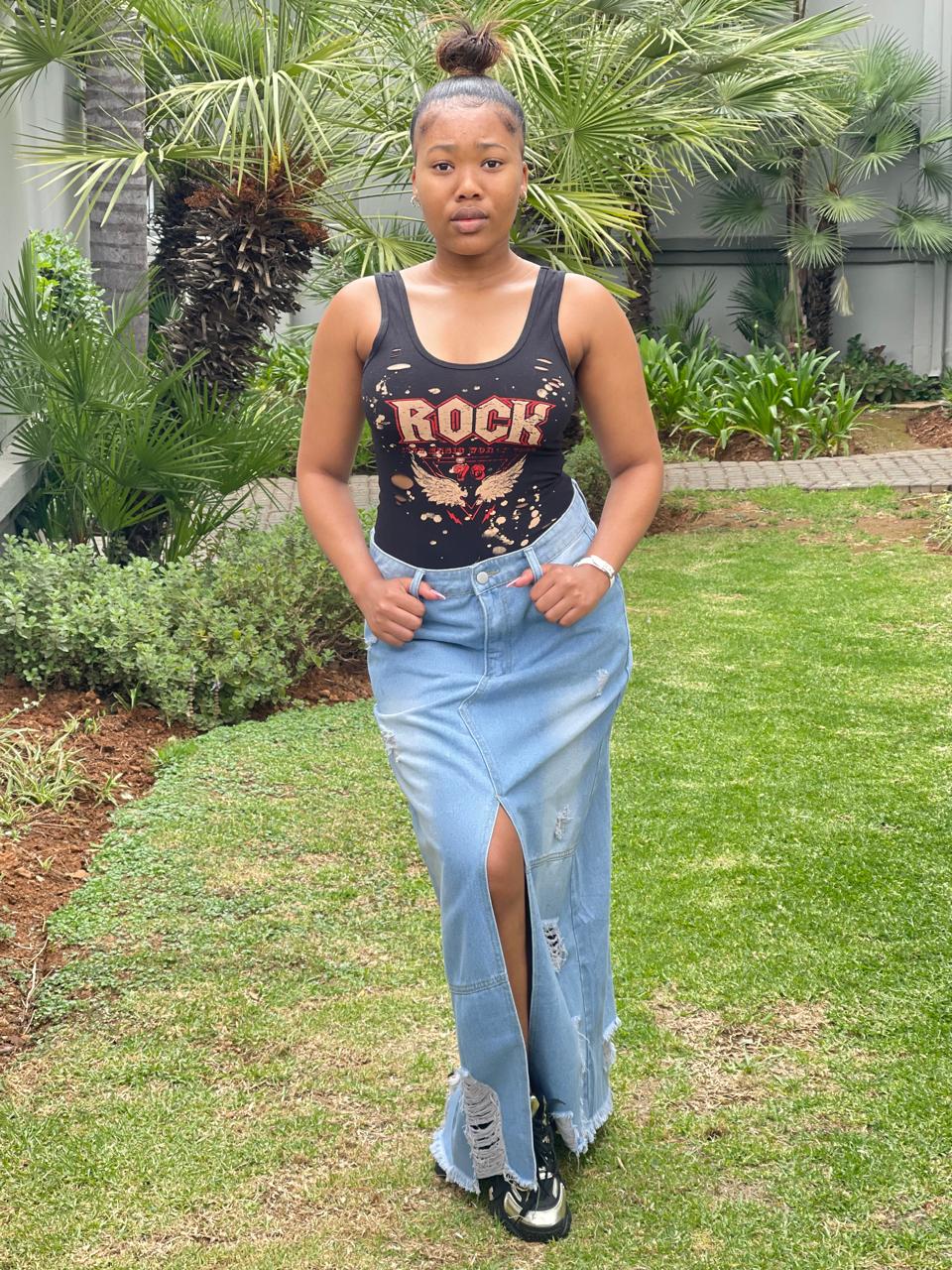 Fashionable light blue wash ripped denim skirt offering a flattering, cool vibe for women and girls in johannesburg