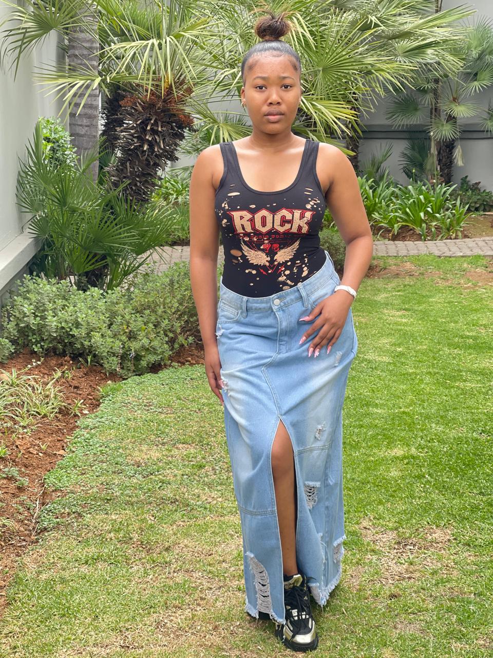 Fashionable light blue wash ripped denim skirt offering a flattering, cool vibe for women and girls in johannesburg