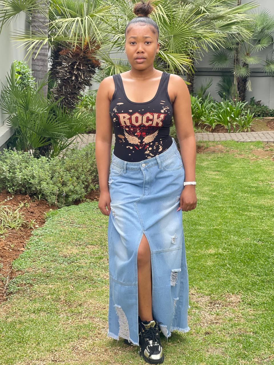 Fashionable light blue wash ripped denim skirt offering a flattering, cool vibe for women and girls in johannesburg