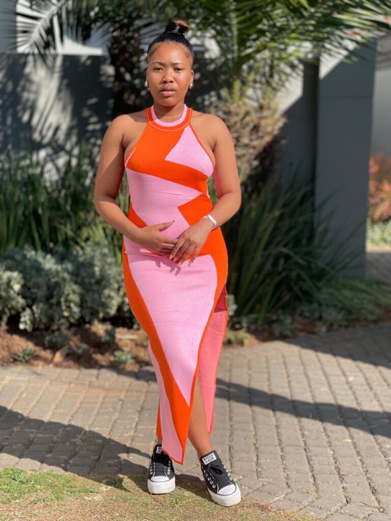 Color-blocked halter neck dress for women in Johannesburg – stylish pink and orange dress perfect for casual and summer events.